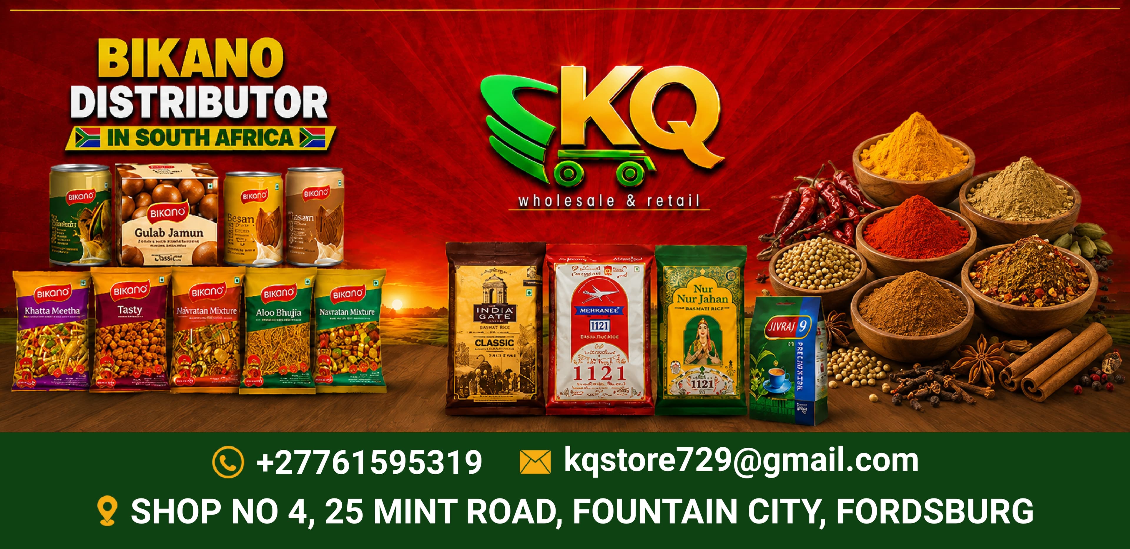KQ Grocery Store — official Bikano distributor in South Africa. Basmati rice, spices, snacks and more.